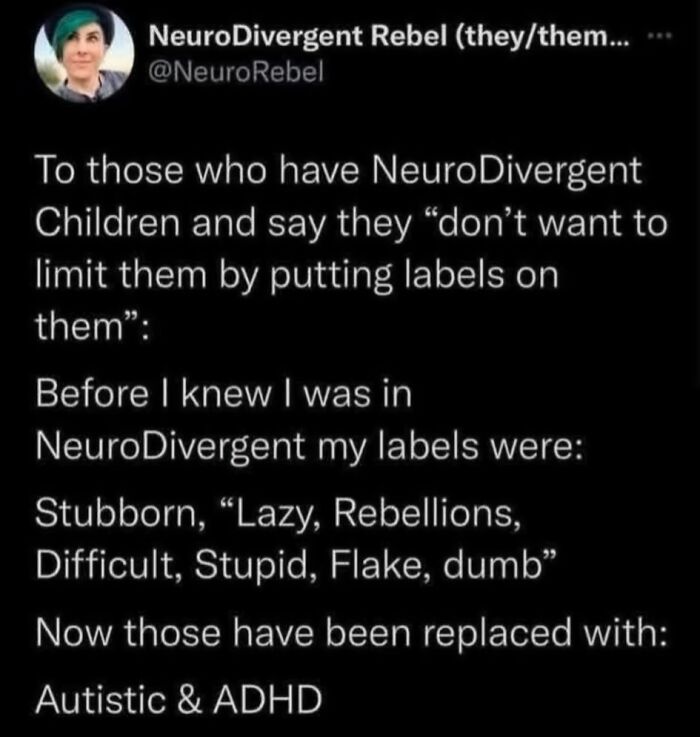 Tweet discussing the shift in labels from negative terms to Autistic and ADHD, relating to neurodivergents.