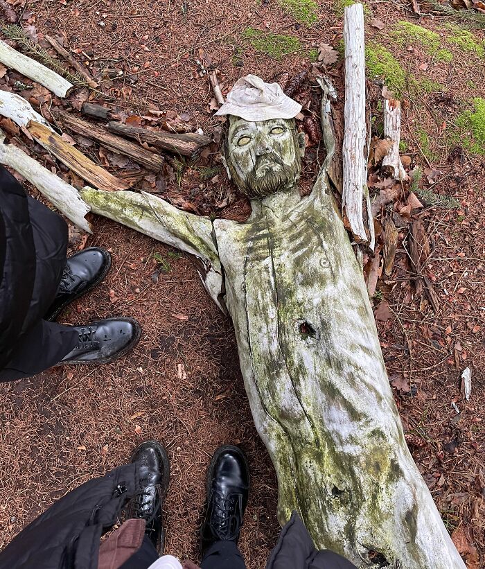 Moss-covered wooden figure resembling a man lying on forest floor among sticks and leaves, creepy forest find.