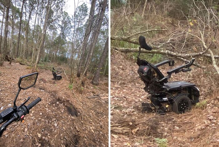 Abandoned broken wheelchair found in the forest, a creepy and terrifying discovery among trees and dry leaves.