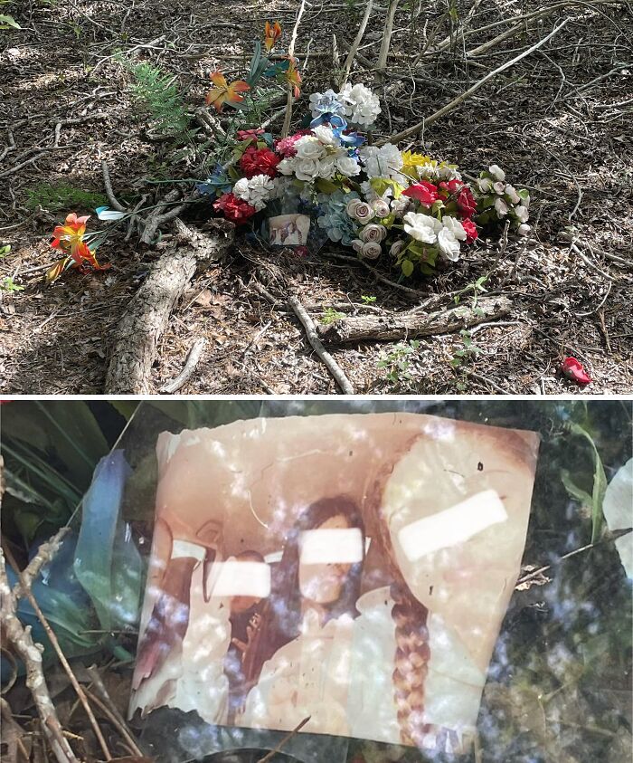 Memorial of artificial flowers and a faded photo found in a forest, adding to creepy and terrifying discoveries.