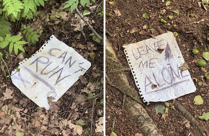 Two handwritten notes on torn paper found in the forest, reading can't run and leave me alone, creating a creepy atmosphere.