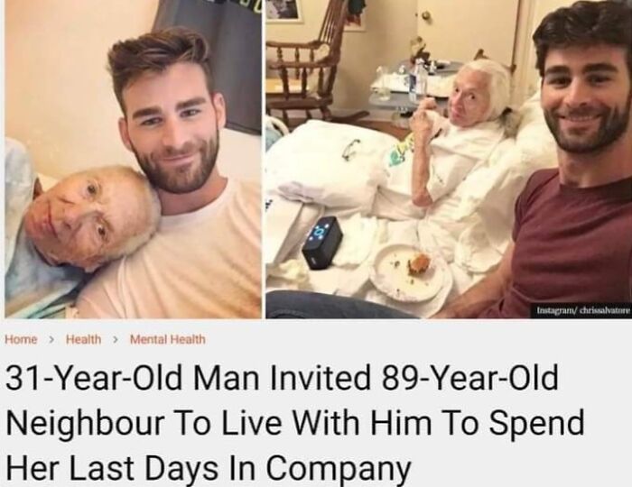 Young man and elderly woman sharing wholesome moments, highlighting people and animals that make the world a better place.
