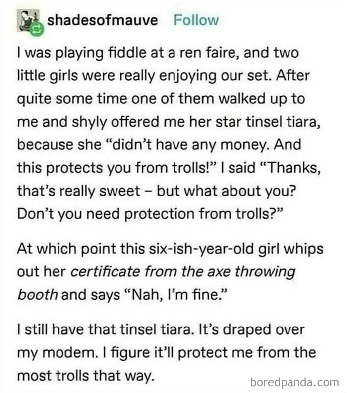 Wholesome story of a girl offering a star tinsel tiara at a ren faire, showing kindness and joy that brighten the world.
