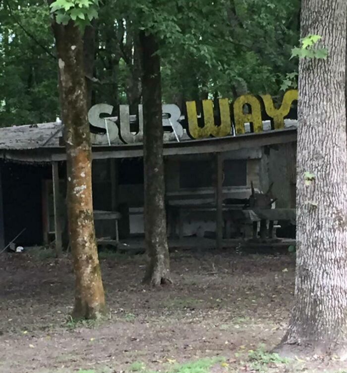 Abandoned creepy structure in the forest with a faded Subway sign partially visible behind trees.