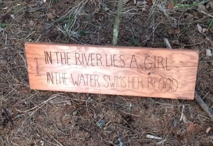 Wooden sign with eerie message about a girl in the river, found in a forest among dried leaves and twigs.