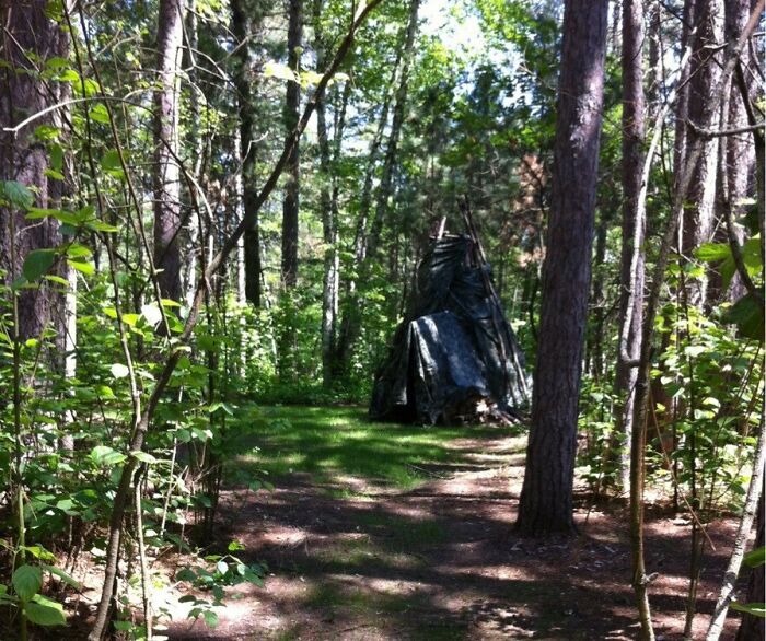 A creepy and terrifying makeshift shelter hidden among dense trees in the forest with shadows casting eerie patterns.