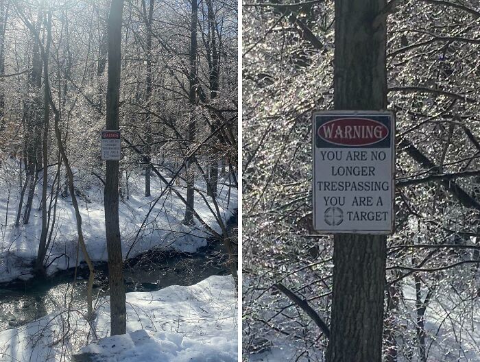 Warning sign on a tree in a snowy forest reading no trespassing and you are a target, depicting creepy forest finds.
