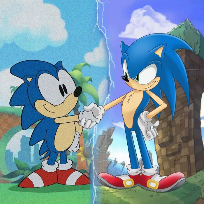 Sonic the Hedgehog character evolution showing classic and modern designs shaking hands in vibrant backgrounds.