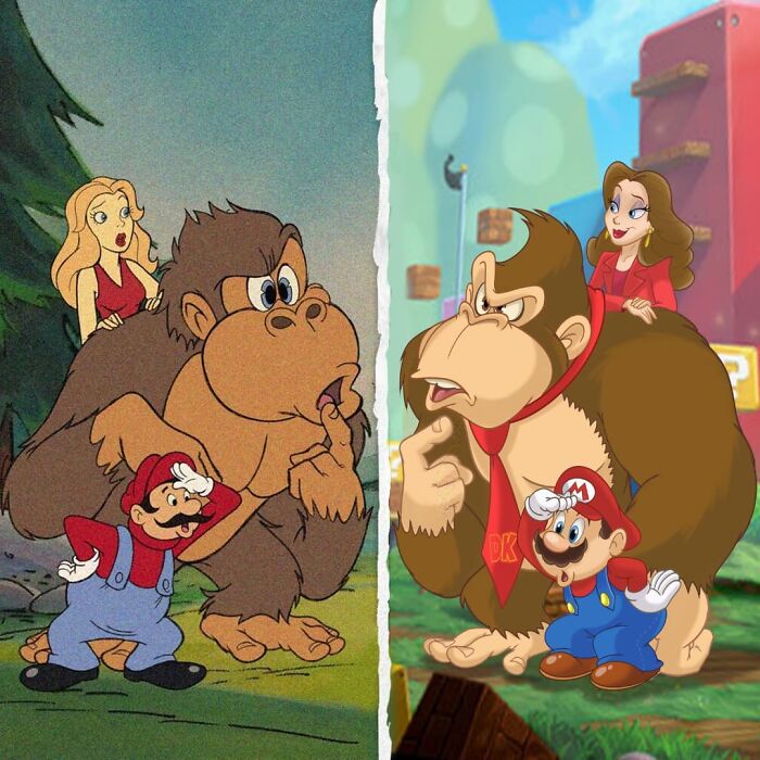 Beloved characters Mario, Donkey Kong, and Pauline shown in their original and evolved cartoon styles side by side.