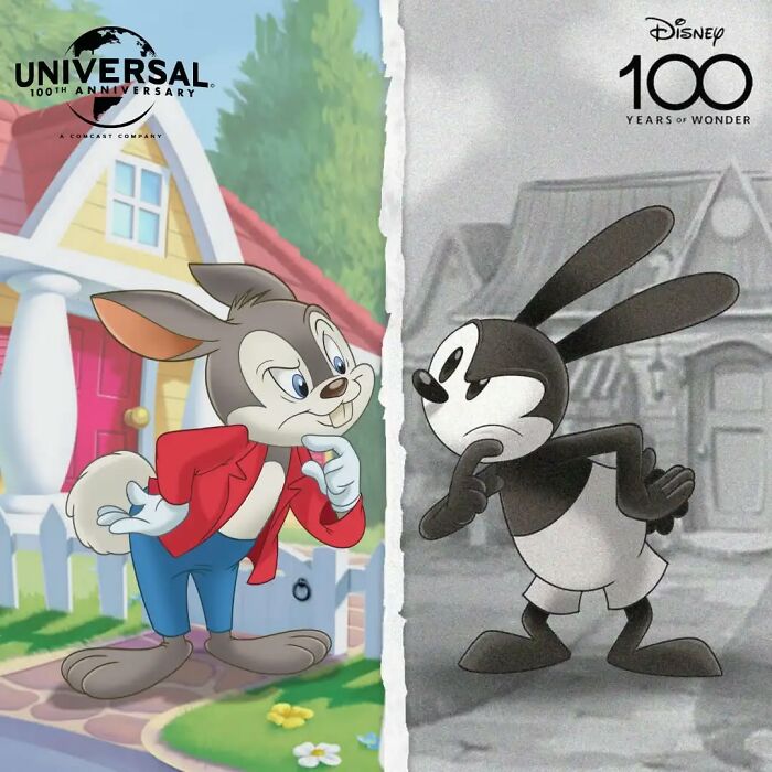 Vintage and modern versions of a beloved cartoon rabbit shown side by side, illustrating character evolution over time.
