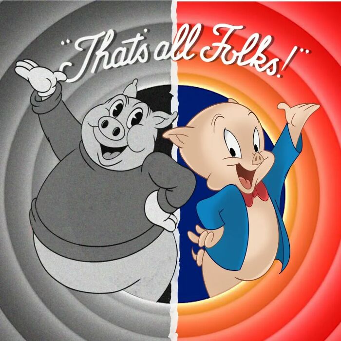 Split image showing the evolution of beloved characters with Porky Pig in classic black and white and modern colorful style.