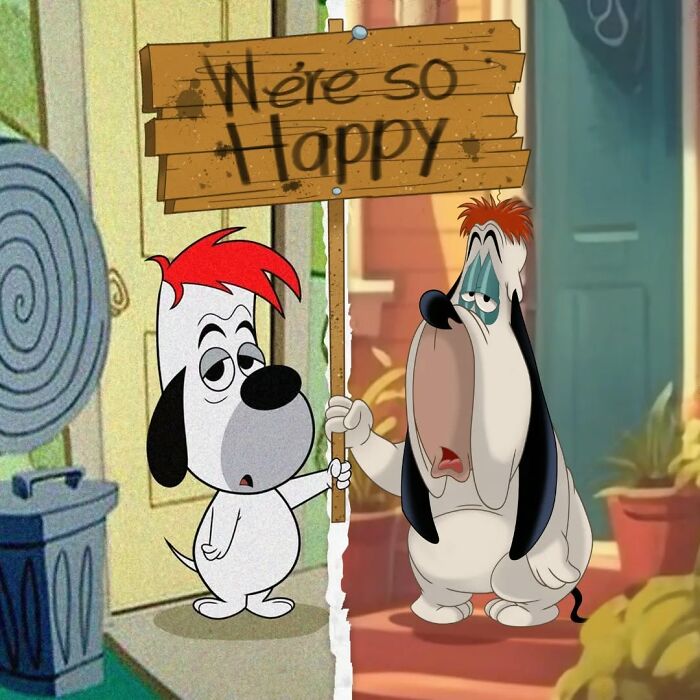 Two beloved characters side by side holding a sign, showcasing character evolution over time in animation.