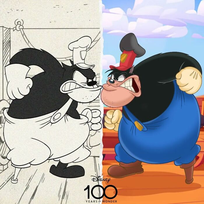 Split image showing the evolution of a beloved cartoon character from early black and white style to modern colorful animation.