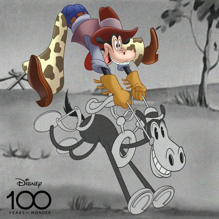 Goofy character shown in vintage black and white style with colorful modern cowboy outfit, illustrating character evolution over time.