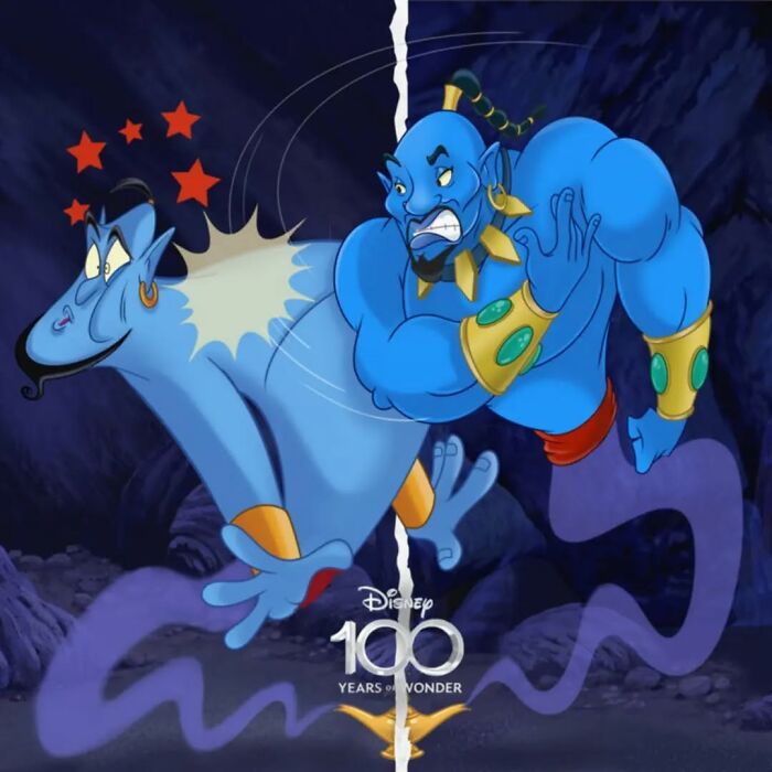 Blue genie character showing evolution with split image of two animation styles, illustrating beloved characters evolving over time.