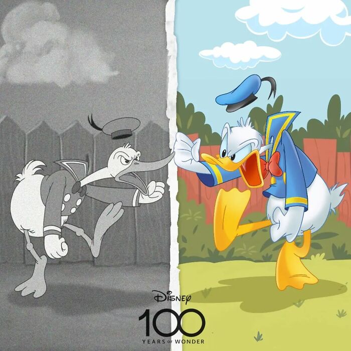 Donald Duck evolution art showing beloved characters transformed from early black and white to modern colorful animation style.