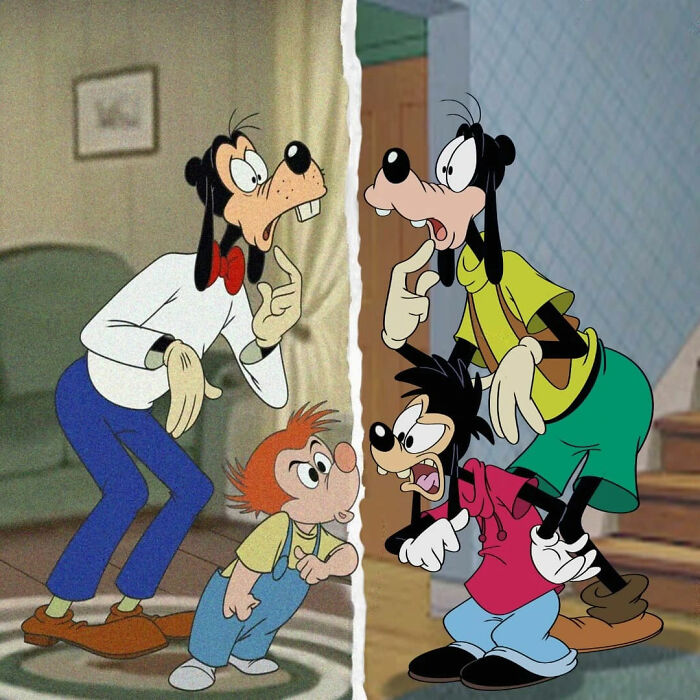 Classic and modern cartoon characters shown side by side illustrating beloved character evolution over time.