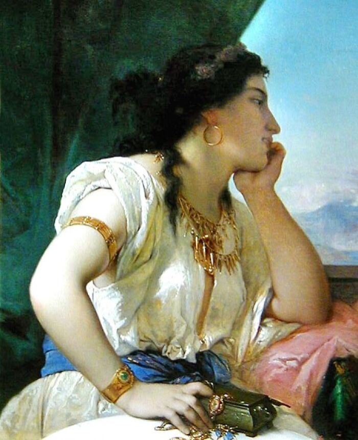 Portrait of a historic courtesan wearing gold jewelry and white dress, symbolizing power players in history.