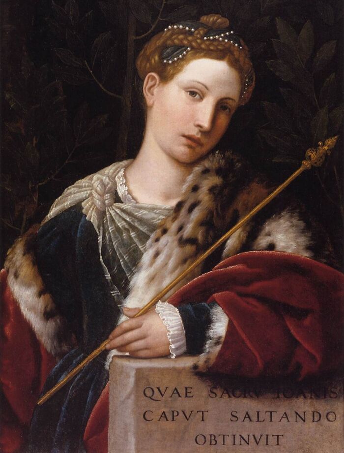 Portrait of a courtesan dressed in royal attire holding a scepter, symbolizing courtesans as power players in history.