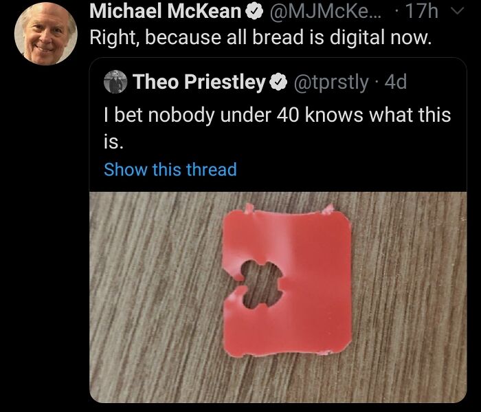 Screenshot of a viral internet response showing a nostalgic item with humorous digital bread comment.