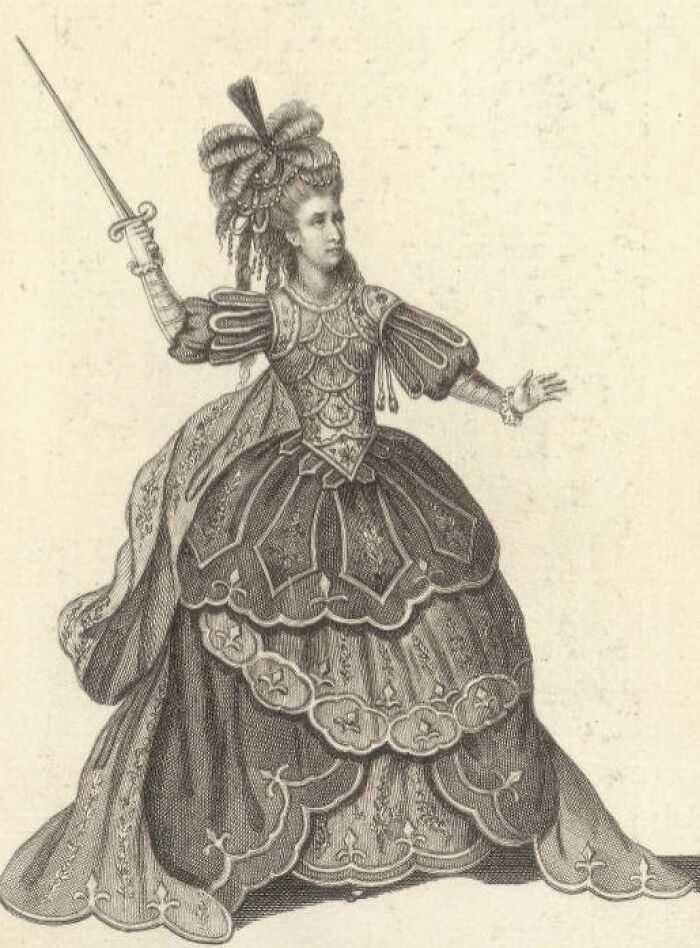 Engraving of a courtesan dressed in elaborate historical attire holding a sword, representing power players in history.