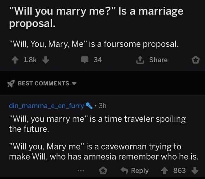 Screenshot of a clever internet response about marriage proposals with humorous interpretations and top comments.