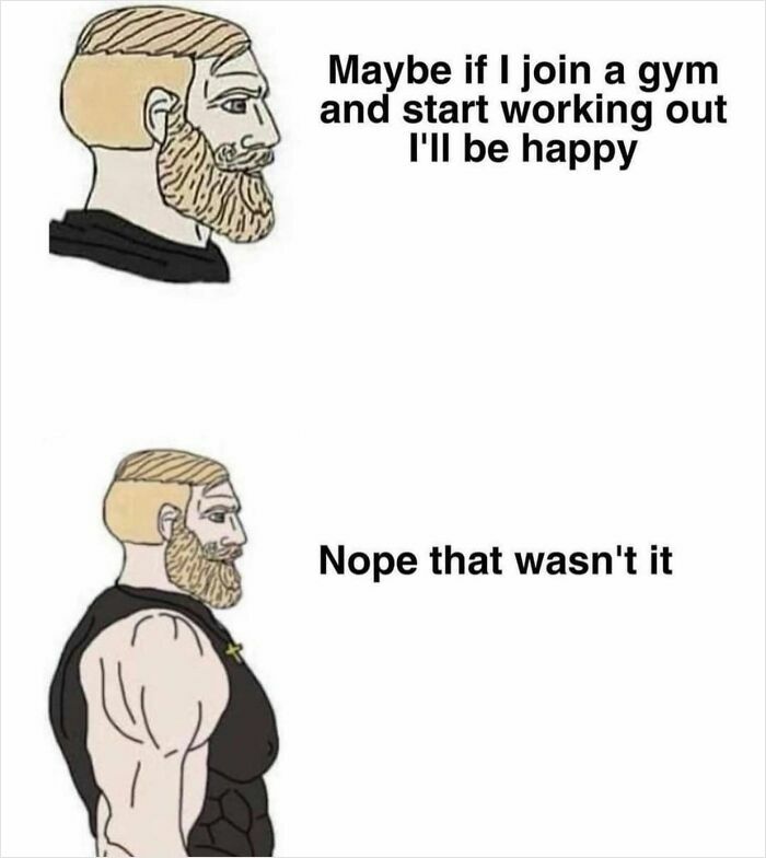 Bearded man in gym meme expressing humor about working out and gym life in a two-panel comic style illustration.