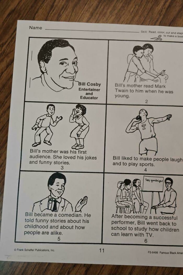 Educational worksheet showing Bill Cosby as entertainer and educator, highlighting reading and learning activities in schools.