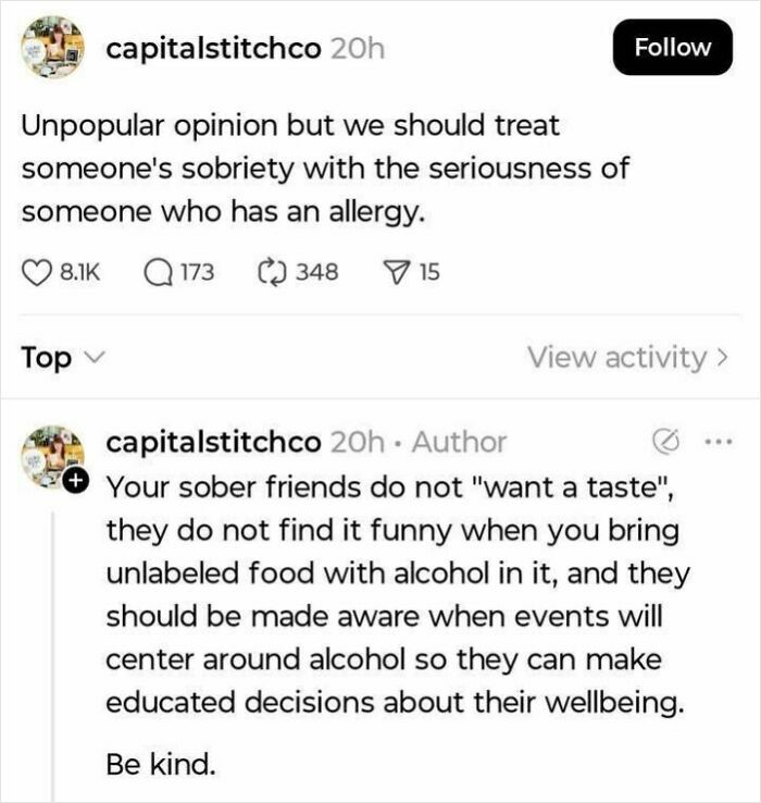 Positivity post about treating sobriety with seriousness and kindness to support friends' wellbeing and decisions.