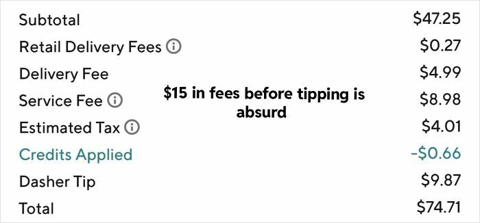 Receipt showing multiple delivery and service fees totaling $15 in additional charges before tipping, highlighting ridiculous fees.