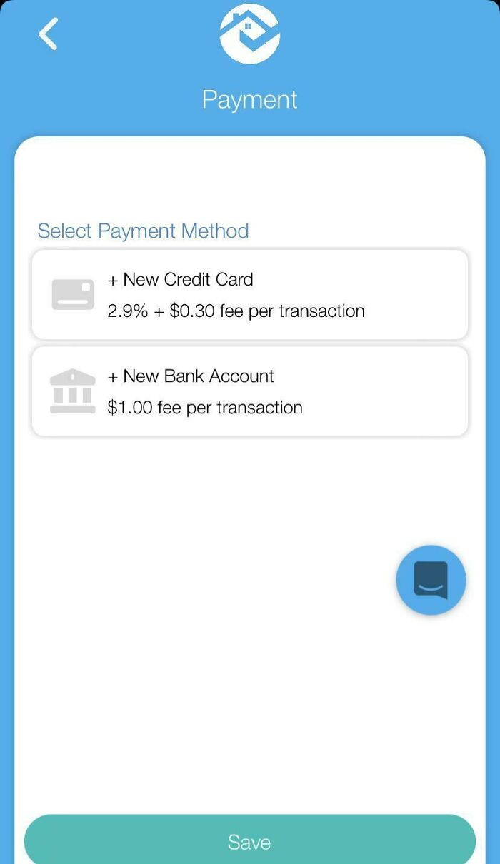 Payment screen showing ridiculous fees for new credit card and bank account options per transaction.