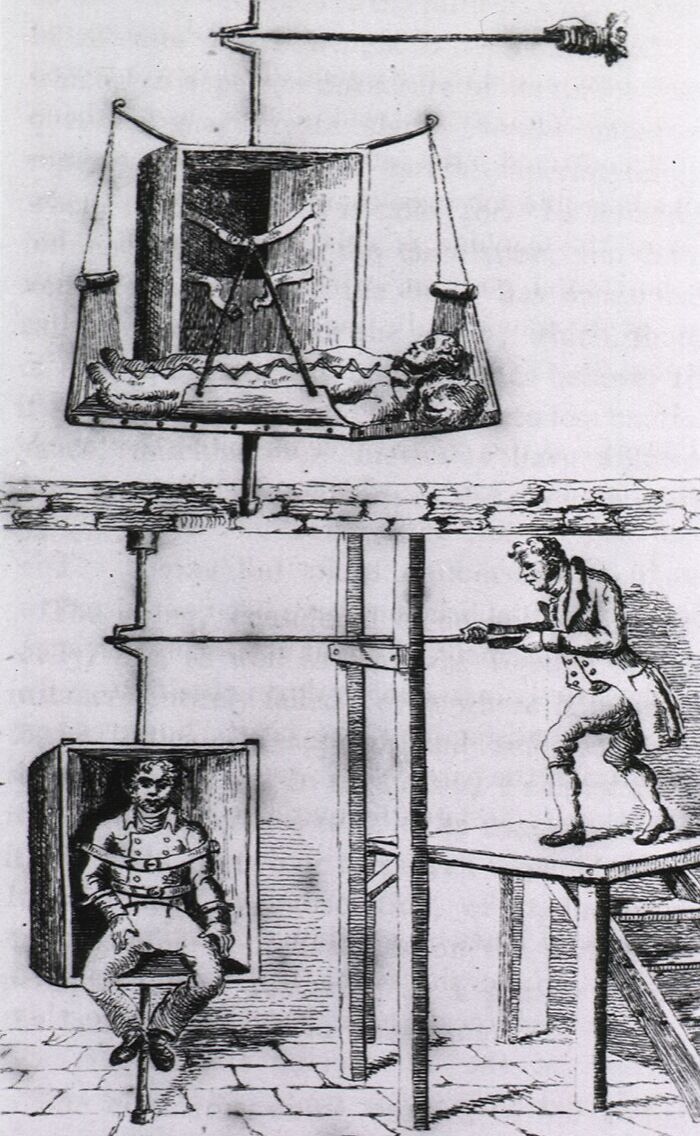 Illustration of unsettling medical devices from the past showing confined patient and operator with mechanical apparatus.
