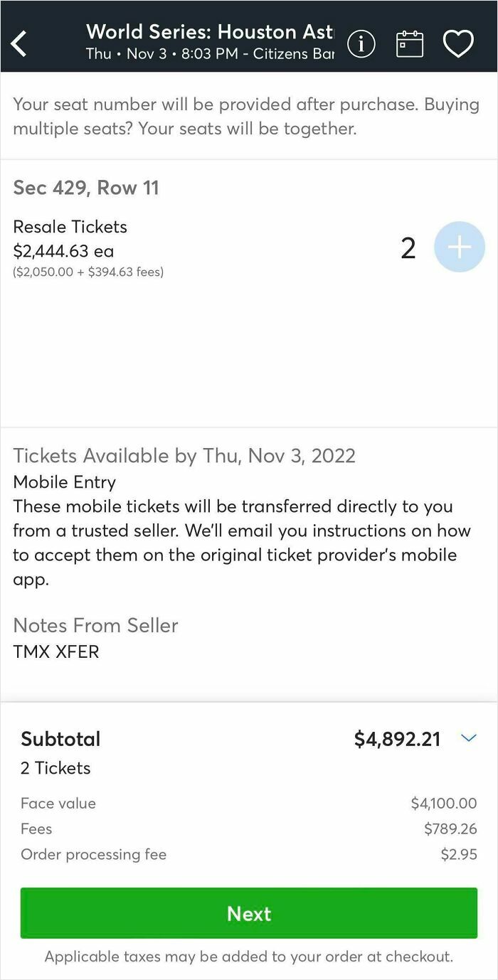 Screenshot of resale ticket fees showing $394.63 and $789.26 service fees people had right to be mad about