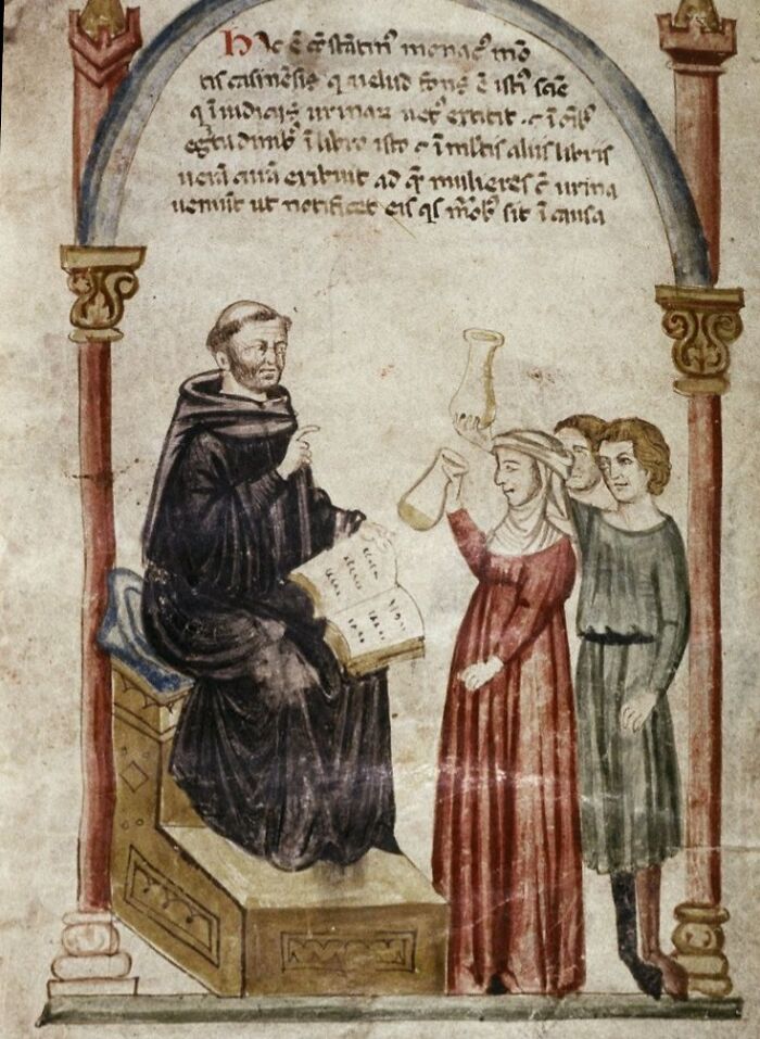 Medieval illustration of doctor explaining early medical devices to patients, highlighting unsettling medical devices history.
