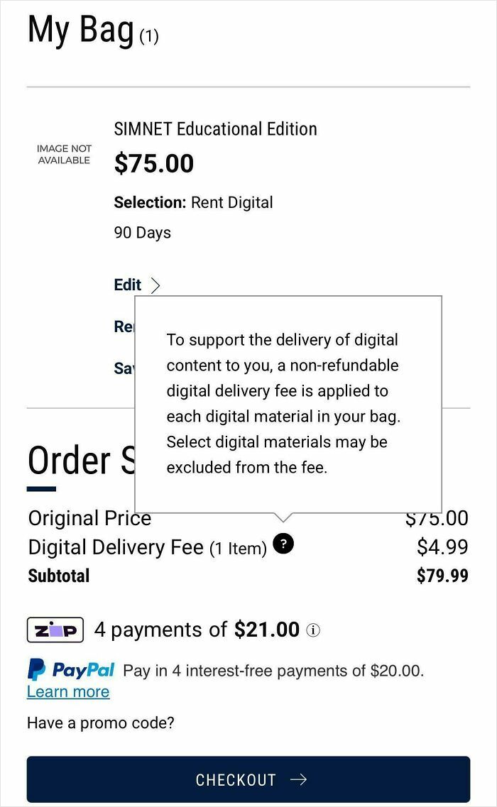 Digital delivery fee of $4.99 added to $75 rental, an example of ridiculous fees shoppers get mad about.