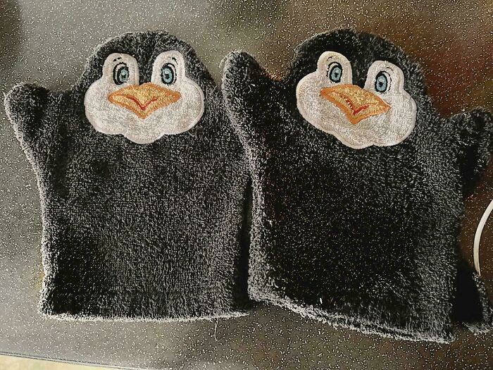 Two nearly identical penguin mittens side by side, showing a real-life glitch in the matrix moment.