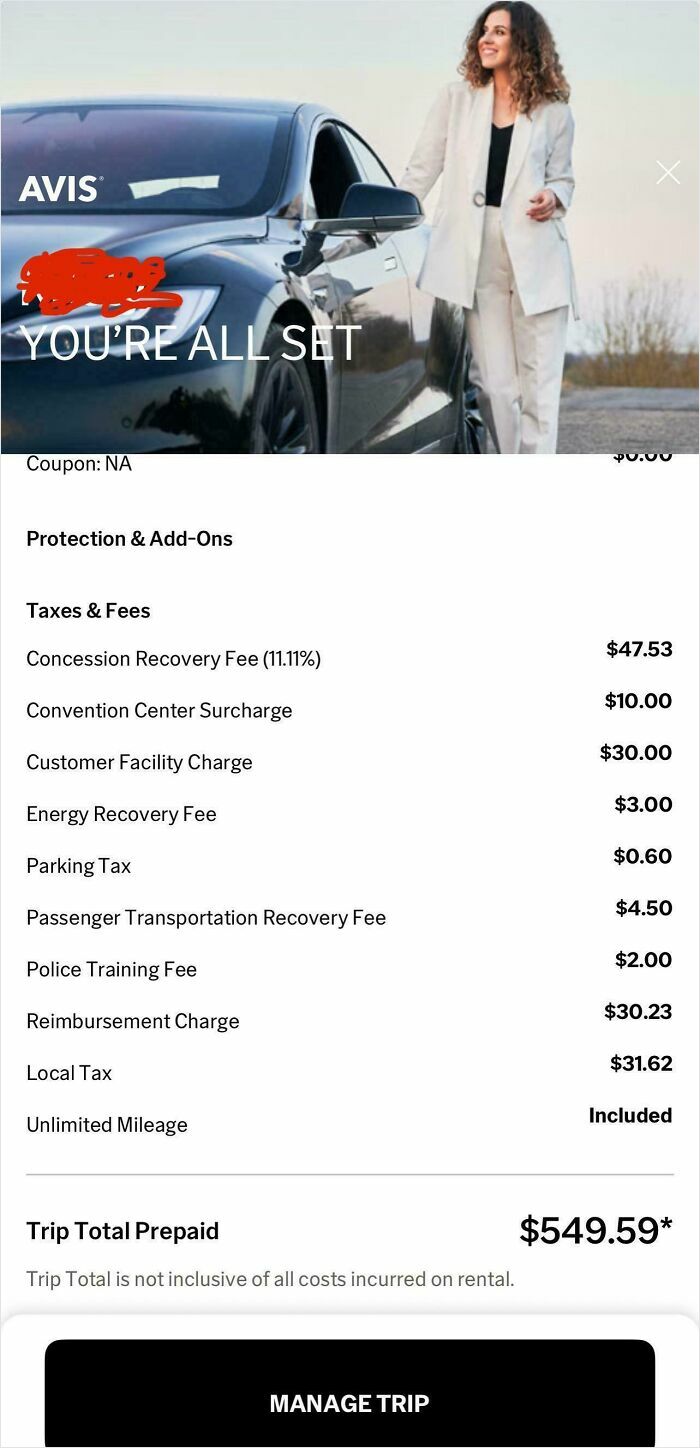 Woman standing next to a black car with a list of ridiculous fees on a car rental receipt including taxes and add-ons.