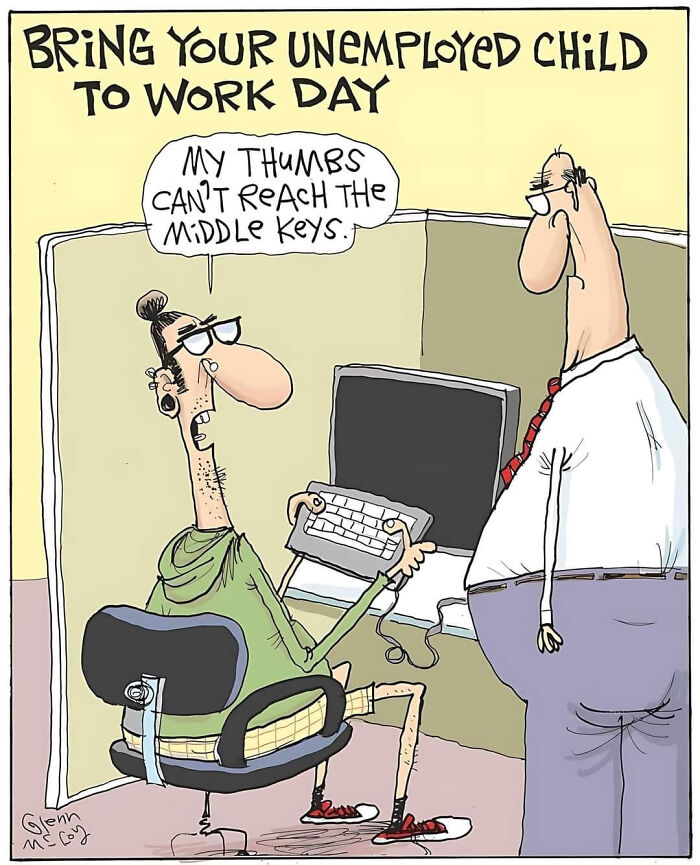 Cartoon showing a young man at work explaining his thumbs can't reach the middle keys in a cringy internet humor style.