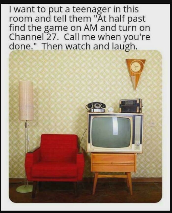 Vintage living room with a red chair, old TV, rotary phone, and a humorous text about boomers and the internet.