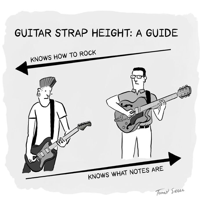 Cartoon comparing guitar strap height with knowing how to rock versus knowing what notes are, a cringy internet joke about boomers.