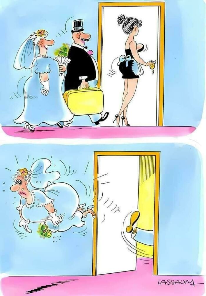 Cartoon showing a cringy joke where a bride is kicked out by a maid, illustrating boomer humor and internet clash.
