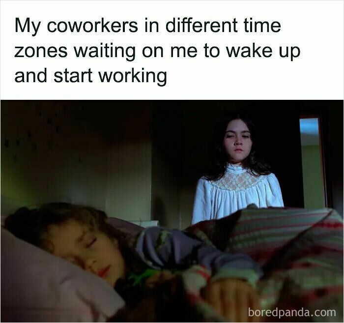 Child sleeping in bed while another child in a nightgown stands nearby, illustrating funny WFH memes about working from home.