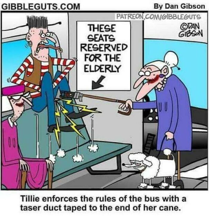 Cartoon showing a boomer woman enforcing bus rules with a taser cane, highlighting cringy jokes about boomers and the internet.