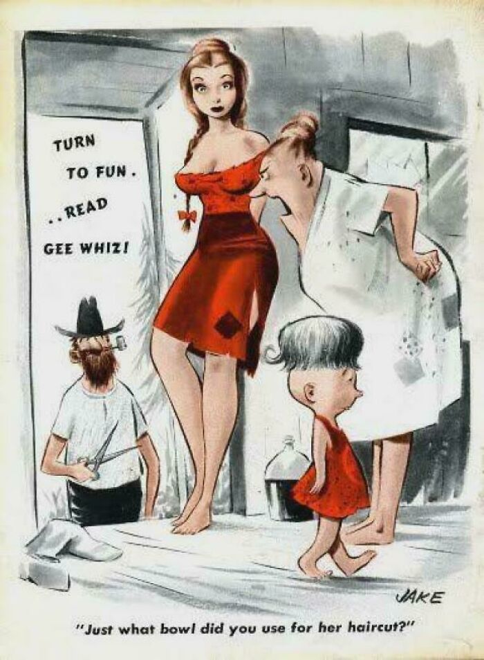 Vintage cartoon showing a humorous haircut scene with cartoon characters, highlighting cringy boomer jokes and internet culture clash.