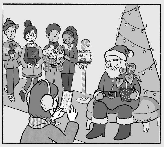 People waiting in line for sad Santa holding a dying plant, illustrating cringy jokes and posts about boomers and the internet.