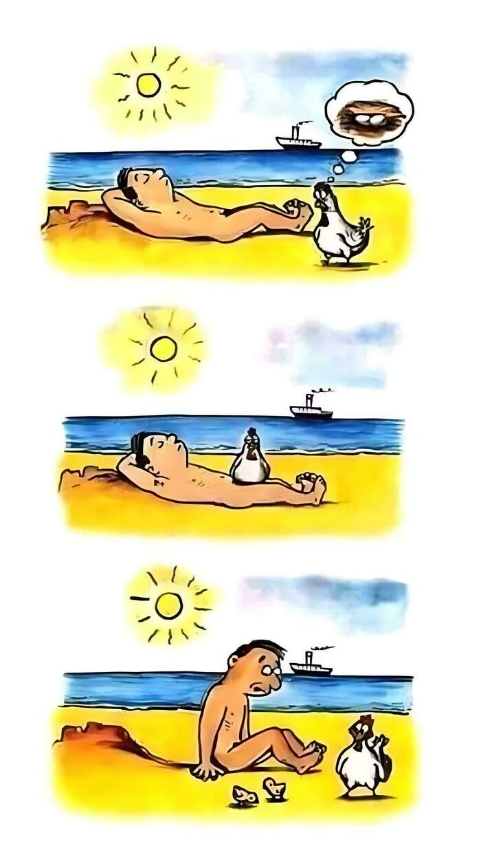 Cartoon showing a man at the beach, a bird thinking of eggs, then surprising the man with bird chicks, cringy jokes humor.