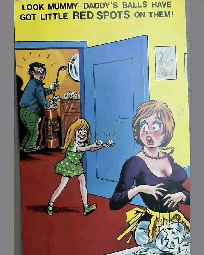 Cartoon showing a cringy joke with a shocked woman, a girl holding golf balls, and a man in a humorous boomer internet post.