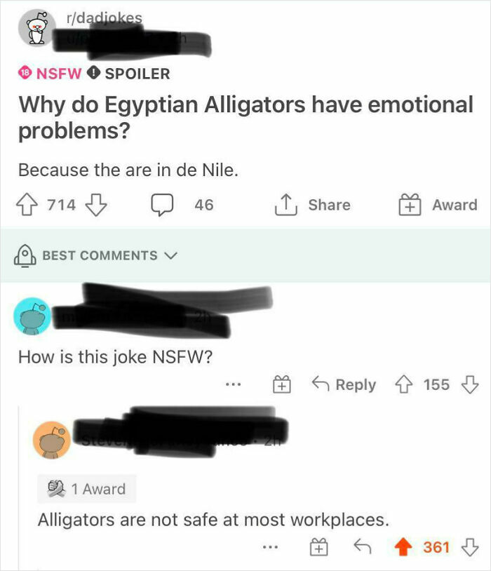 Screenshot of a Reddit internet response joke about Egyptian alligators with comments hitting hard.