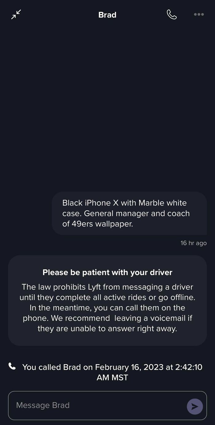Lyft driver communication screen with message about driver contact rules and call details on a phone app interface.