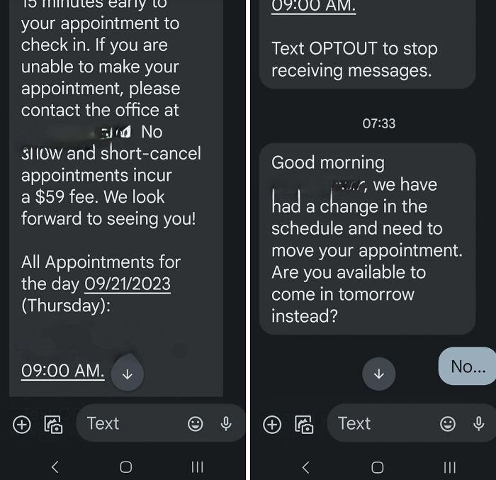 Text message screenshot showing a $59 short-cancel appointment fee causing frustration about ridiculous fees.